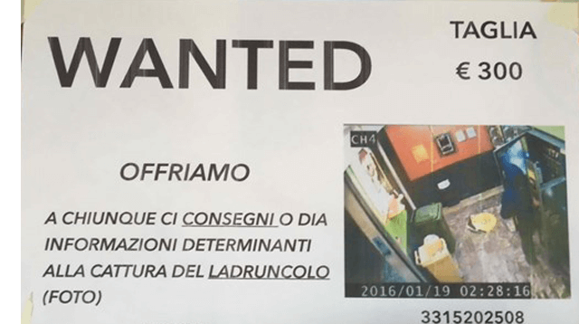 Wanted: taglia di € 300 sul ladro dei distributori automatici