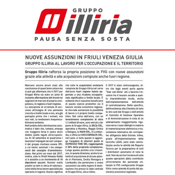 Gruppo Illiria contribuisce ad accrescere l’occupazione in Italia