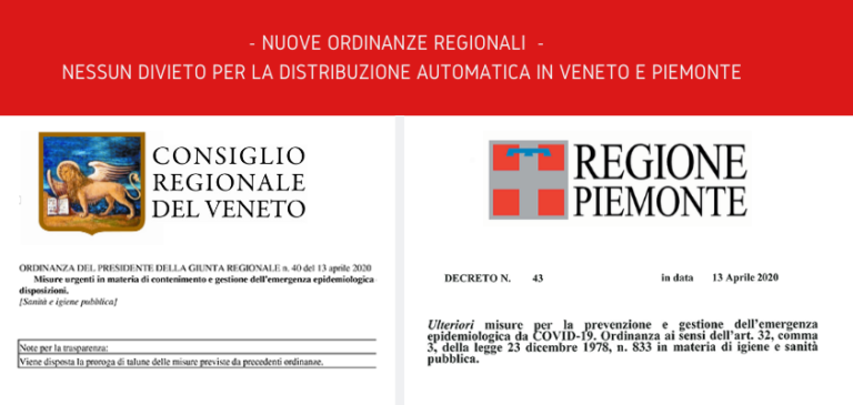 Regioni Veneto e Piemonte. Le nuove disposizioni del 13 aprile non vietano la Distribuzione Automatica