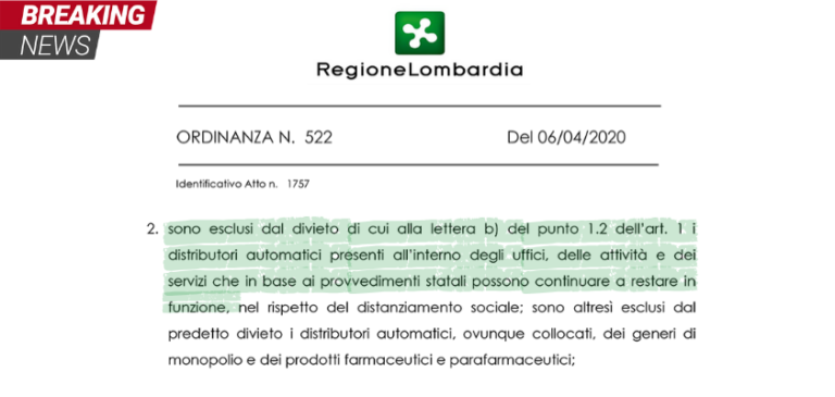 La Regione Lombardia fa retro front: da oggi riparte il servizio vending