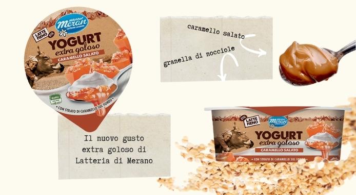 Nuovi yogurt Latte Fieno Latteria di Merano al caramello salato e nocciola